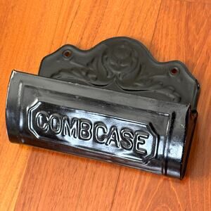 Antique Tin Comb Case Wall Pocket Vintage Primitive Black Bathroom Decor READ